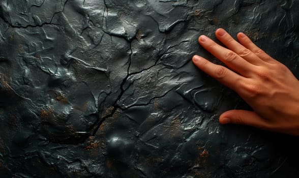 Persons Hand Touching Black Wall. Selective soft focus.