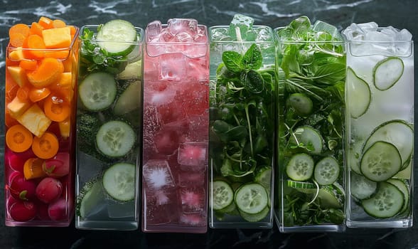 Fruit and vegetable drinks with ice in glasses. Selective focus.