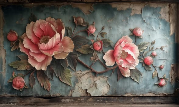 Vintage painting depicting large flowers with delicate leaves. Selective soft focus.