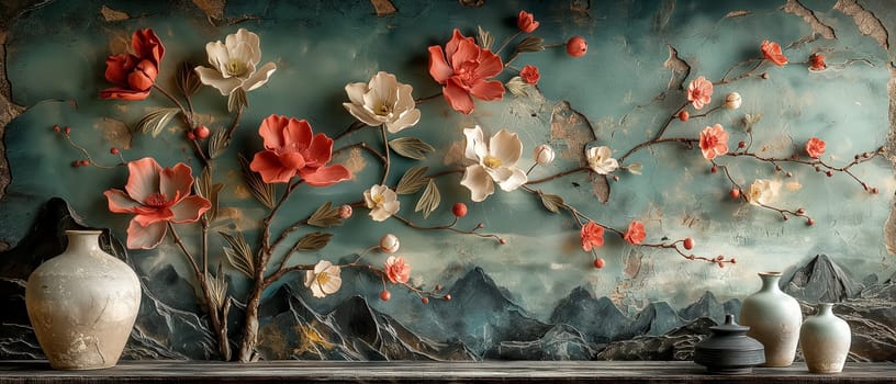 Vintage painting depicting large flowers with delicate leaves. Selective soft focus.