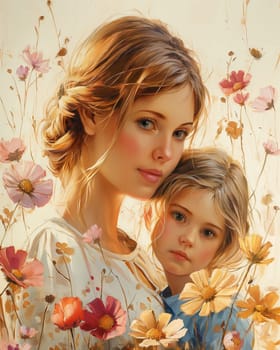 Mother and Child Surrounded by Flowers. Selective focus