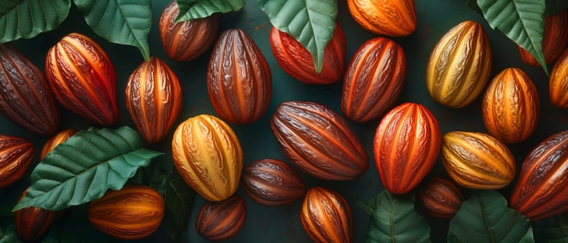 Cocoa fruits and green leaves on a dark background. Selective soft focus.