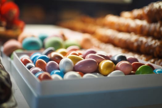 Mixed colorful jelly, gummy candies display for sales .