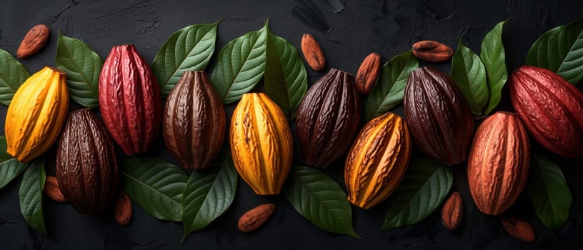 Cocoa fruits and green leaves on a dark background. Selective soft focus.