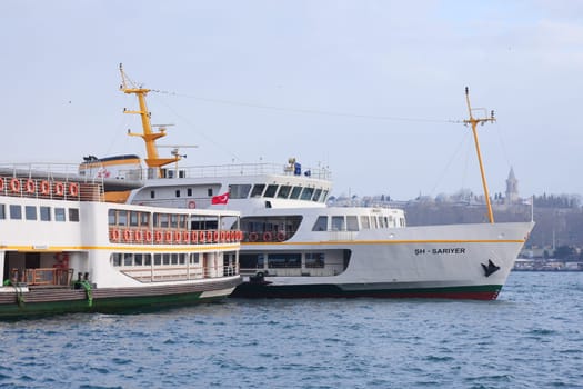 Turkey istanbul 18 july 2023. Transport ferry in the Bosphorus. Ferryboat carries passengers.