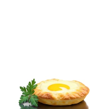 Georgian khachapuri cheese filled bread egg yolk butter hot and steaming parsley garnish Culinary and. close-up food, isolated on transparent background