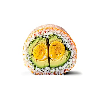 Breakfast sushi burrito a large sushi roll filled with rice eggs and avocado sliced in. Food isolated on transparent background.