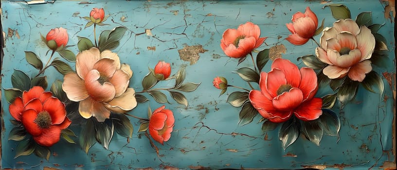 Vintage painting depicting large flowers with delicate leaves. Selective soft focus.