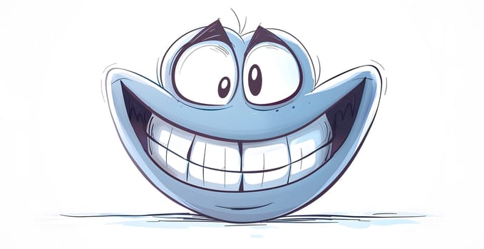 Head of the cartoon character with a big smile on his face, eyes sparkling with joy. His jaw dropped in a gesture of happiness. Electric blue font enhances the joyful art