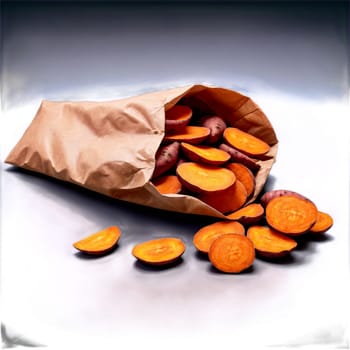 Compostable paper bag overflowing with nutrient dense sweet potatoes with vibrant tubers spilling out Food. Food isolated on transparent background.