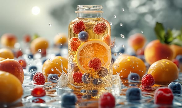 Fresh fruits in a bottle of water. Selective focus