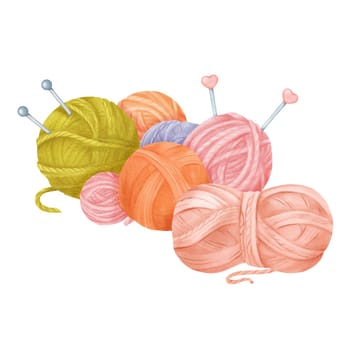 A composition featuring multicolored yarn skeins in green, pink, and orange, complemented by steel knitting needles. Versatile for various applications such as crafting blogs, knitting tutorials, or DIY-themed designs. Watercolor illustration.