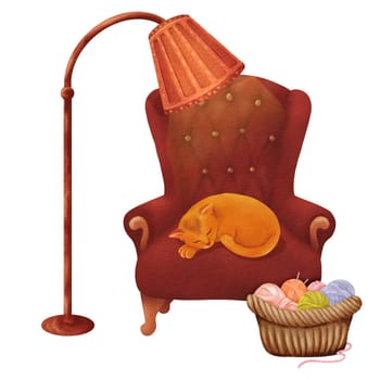 a ginger cat lounging on a burgundy armchair. a basket with multicolored yarn skeins and knitting needles sits nearby, illuminated by a tall floor lamp. for a cozy evening. Watercolor illustration.