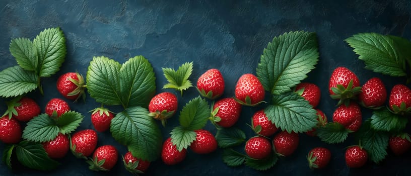 Ripe strawberries with leaves on a dark background. Selective focus.