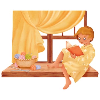 A composition portraying a girl seated by the window against a backdrop of satin curtains, a knitting book. A basket with multicolored yarn skeins on a wooden windowsill. Watercolor illustration.