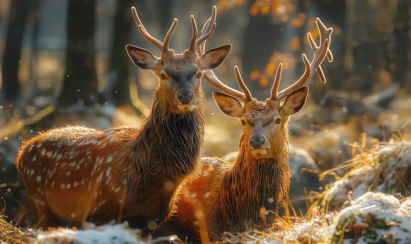 Two Deer Standing Together in Forest. Selective focus