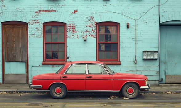 A red car is parked near the building. Selective focus.