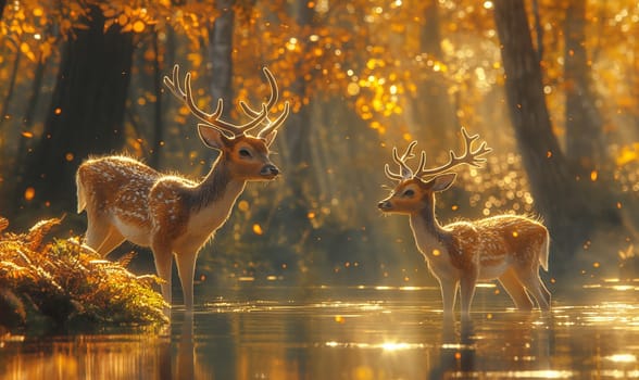 Two Deer Standing Together in Forest. Selective focus