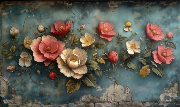 Vintage painting depicting large flowers with delicate leaves. Selective soft focus.