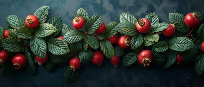 Red Berries and Green Leaves on Branch. Selective focus.