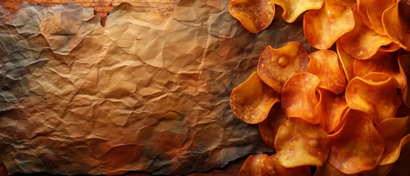 Crispy potato chips on wrinkled paper.