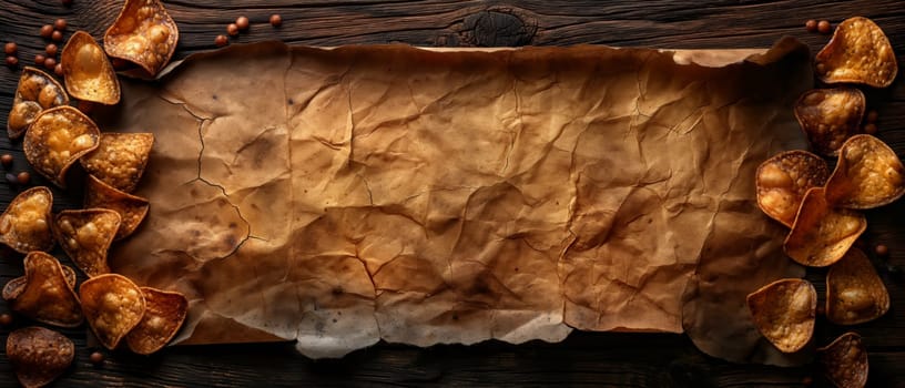 Crispy potato chips on wrinkled paper.