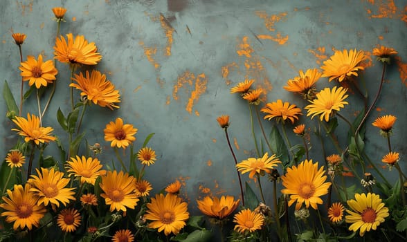Yellow Flowers in Front of Blue Wall. Selective focus