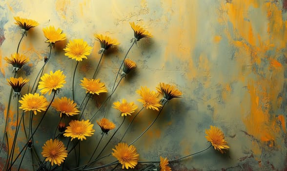 Yellow Flowers in Front of Blue Wall. Selective focus