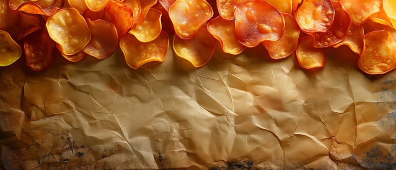 Crispy potato chips on wrinkled paper.