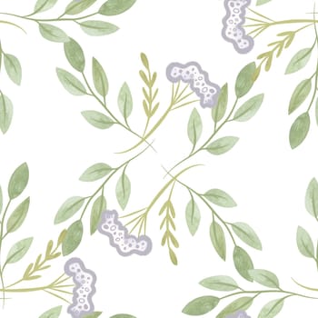 White oregano and soft green branches with leaves. Seamless watercolor pattern for fabric, wallpaper, wrapping paper, packaging cosmetics, tablecloths, curtains and home textiles