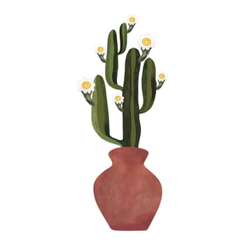 Blooming cactus in a red ceramic amphora pot. Plants for the home. Floriculture. Interior decoration. Isolated watercolor illustration on white background. Clipart