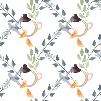 Herb tea. Melissa, mint, glassware, leaves and lemon slices. Seamless watercolor pattern for fabric, wallpaper, wrapping paper, packaging cosmetics, tablecloths, curtains and home textiles