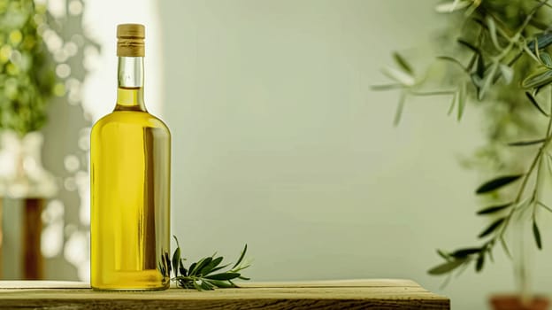 Olive oil bottle ad background with copyspace, vegetable oil commercial produce, food industry and retail concept