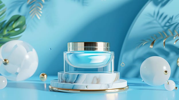 Cosmetic cream in a glass jar on a blue backdrop. Skin care concept. Background for beauty products