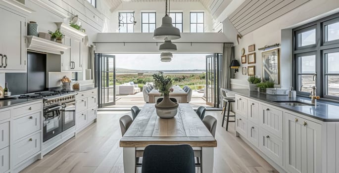 White modern kitchen in a beautiful coastal cottage. High quality photo