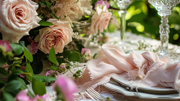 Table setting with rose flowers and candles for an event party or wedding reception in the summer garden.