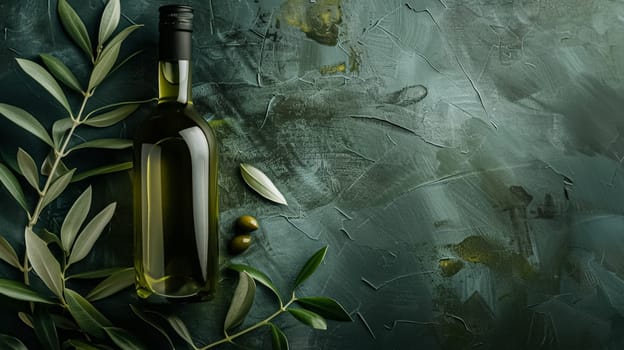 Olive oil bottle ad background with copyspace, vegetable oil commercial produce, food industry and retail concept