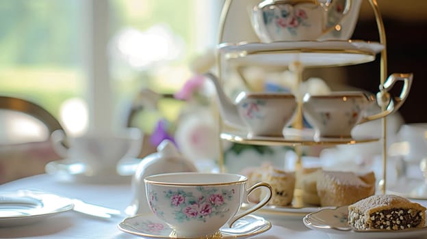 Elegant table setting for tea party with cakes and cupcakes in English manor. Selective focus. Vintage style