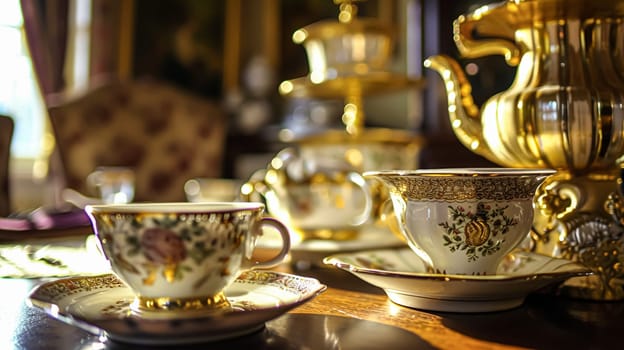 Elegant table setting for tea party with cakes and cupcakes in English manor. Selective focus. Vintage style