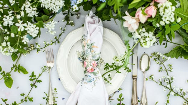 Easter table setting with painted eggs, spring flowers and crockery. Rustic style, selective focus