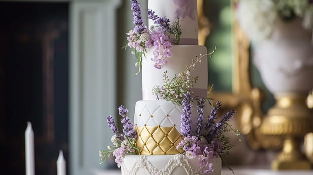 Wedding table decoration with lavender flowers, sweets, cake and candles