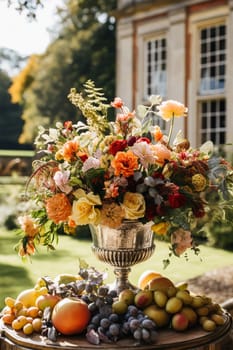 Country life, fruit garden and floral decor, autumnal flowers and autumn fruit harvest celebration, country cottage style, post-processed, generative ai
