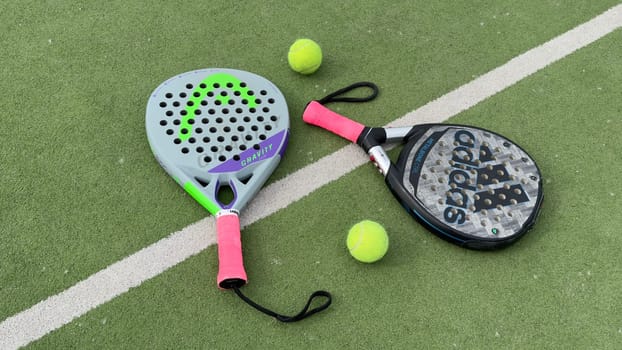 Ukraine Kyiv, May 15 2024, Paddle tennis and artificial grass, close up image. High quality photo