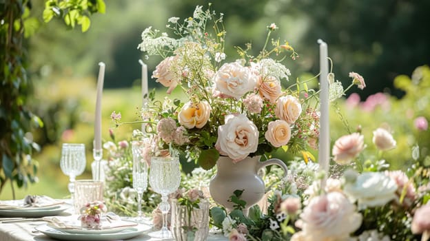 Table setting with rose flowers and candles for an event party or wedding reception in the summer garden.