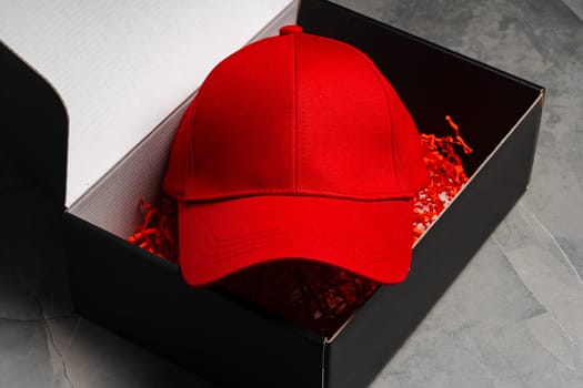 Red Baseball Cap in Cardboard Box close up photo