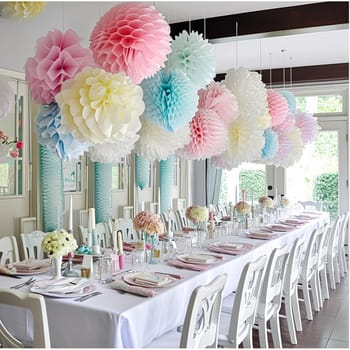 Birthday table decoration with sweets, flowers, candles and pink balloons. Selective focus