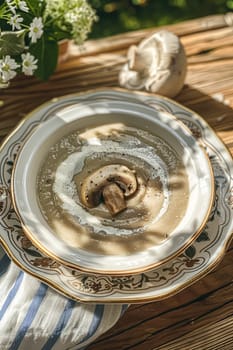 Mushroom cream soup served on a table in the garden