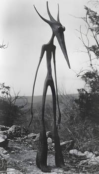 A monochrome photograph of a deer statue with long legs and horns against a backdrop of a sky and landscape. The atmospheric phenomenon adds a dramatic touch to the picture