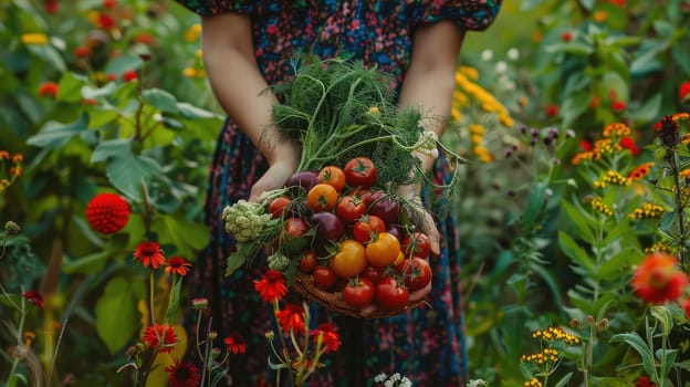 Harvest in the hands of a woman in the garden. Selective focus. nature.