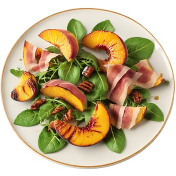 Grilled peach and prosciutto salad with grilled peaches prosciutto arugula and a balsamic drizzle on. close-up food, isolated on transparent background